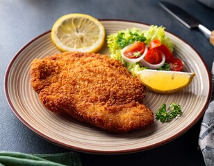 fresh fried wiener schnitzel with some vegetables slices of lemon food concept photo