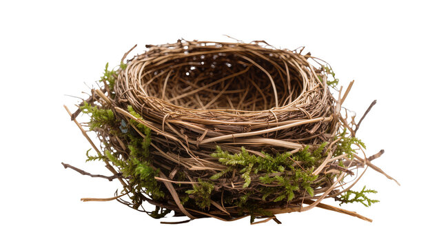Isolated natural empty bird nest woven from dry twigs and fresh green moss, spring symbol