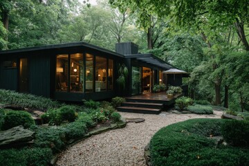 Fototapeta premium Modern house surrounded by trees and greenery in a wooded area on a rainy day with steps leading to the entrance and garden paths visible