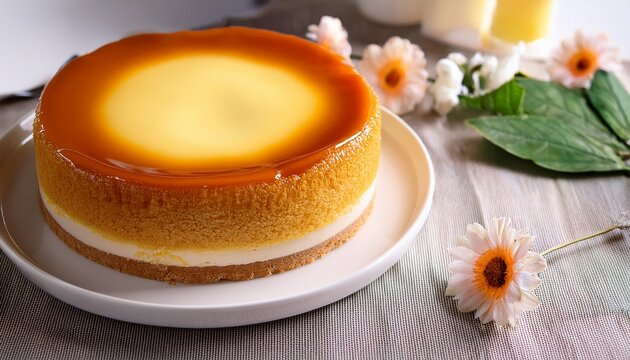 trilece tres leches cake made with fresh milk condensed milk heavy cream and caramel sauce served on the white ceramic plate on the flower decorated table