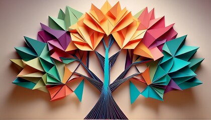 abstract cubist origami tree with layered paper facets giving a bold and contemporary aesthetic