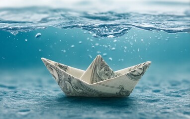 Fototapeta premium Creative Paper Boat Made from Dollar Bill Submerged
