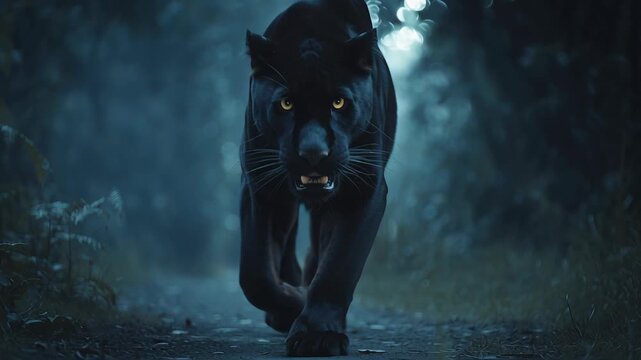 A close view of a black panther walking along a dark forest path at night. The panther's muscular body blends into the shadows while its bright yellow eyes glow clearly. Soft blue moonlight filters 