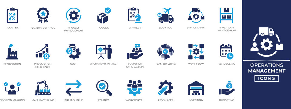 Operations management solid icon set. Containing production, logistics, supply chain, manufacturing, planning, inventory, strategy, customer satisfaction and more. solid icon collection.