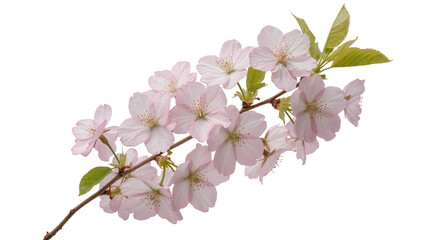 Isolated delicate pink cherry blossom branch with fresh green leaves blooming in spring. © Nuria