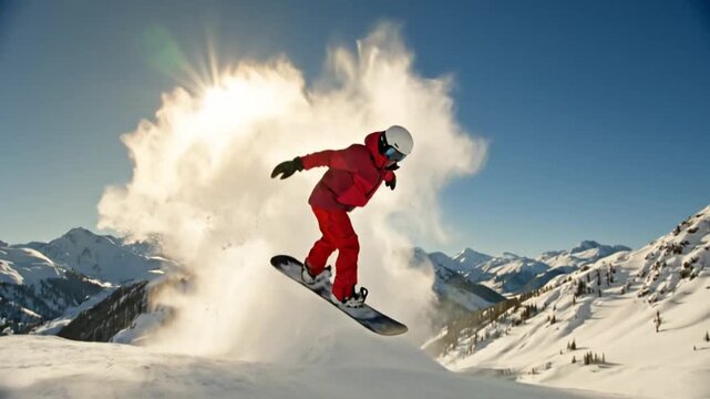 Snowboarder in red gear jumping high.