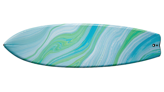Isolated surfboard featuring a vibrant colorful wavy design in blue and green for summer water sports fun