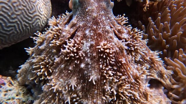 Giant Pacific Octopus Camouflages Amidst Vibrant Coral Reef