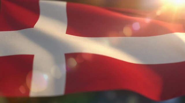 Danish flag waving in sunlight.