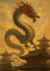 Fototapeta premium Majestic dragon over ancient temple.
