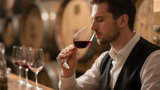 Sommelier Smelling Wine Aroma in Winery Tasting Room