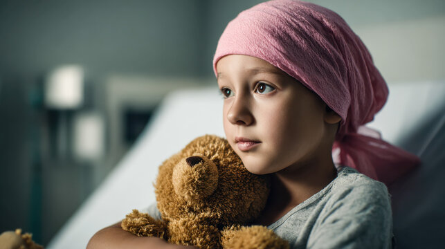Portrait of a young girl wearing a pink headscarf hugging a teddy bear with a hopeful look while sitting in a quiet hospital room setting