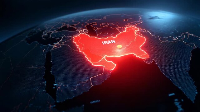 3D Map of Iran highlighted on globe, Glowing world map highlighting Iran in red, geopolitical tension, Middle East crisis, global conflict, international relations, military threat, war risk