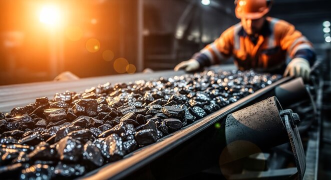 Industrial worker oversees glistening black coal moving on a heavy-duty conveyor belt under warm, bright light, symbolizing raw energy and mining operations.