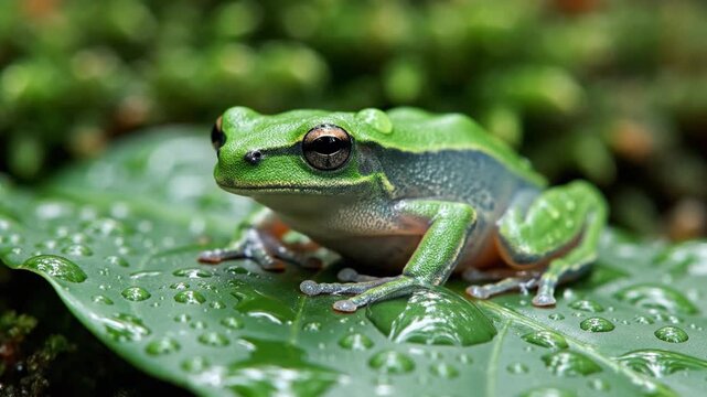 Green Tree Frog Sitting On Wet Leaf