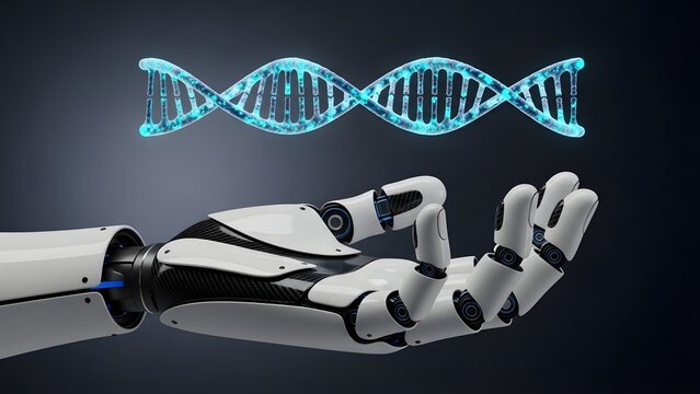 Robotic Hand Interacting with Glowing DNA Helix for Biotechnology Concept