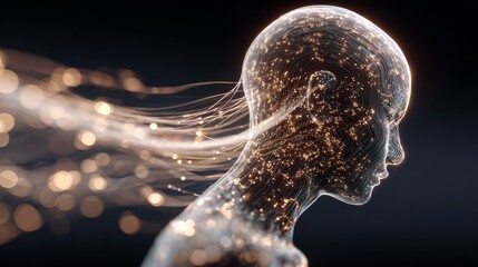 Naklejka na ściany i meble Illuminate the future: artificial intelligence meets human form. Social connections. Subtle blue glow of ai-infused human form in a dark setting. Signal beams. Online networking.