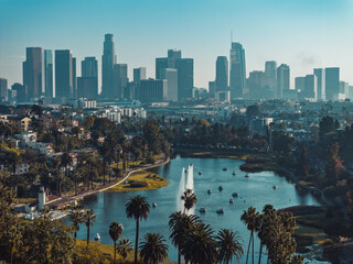 Obraz premium Aerial shot of the Downtown Los Angeles with Echo Park in CA, USA.
