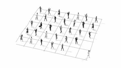 People standing on grid using smartphones illustrating social network communication, digital connectivity and modern online interaction concept for technology marketing and media campaigns.
