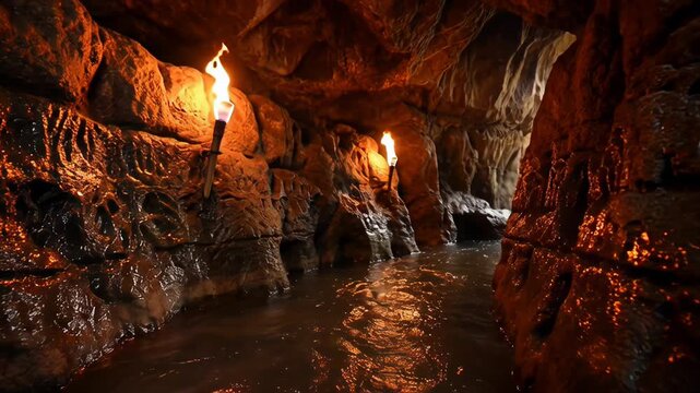 ?Exploring a mysterious underground water cave illuminated by torchlight ambiance
