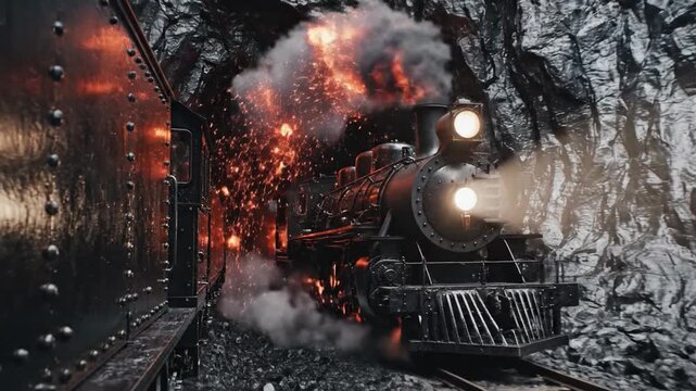Powerful Steam Locomotive Speeds Through Fiery Tunnel
