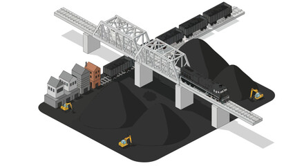 Industrial coal train crossing a steel truss bridge over a coal mine. © LafifahFitriyani