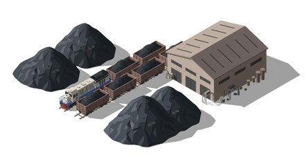 Industrial coal mining operation with trains and warehouse. © LafifahFitriyani