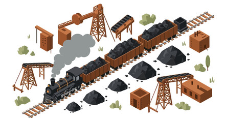 Vintage Coal Mining Train and Equipment Isometric Illustration. © LafifahFitriyani