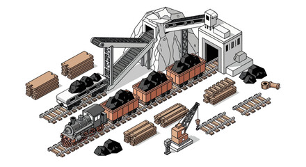 Vintage Coal Mining Train and Industrial Scene Illustration. © LafifahFitriyani
