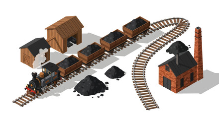 Vintage coal train and mining industry isometric illustration. © LafifahFitriyani