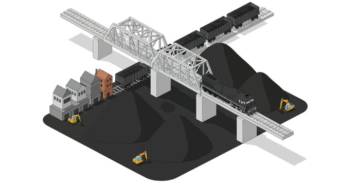 Industrial coal train crossing a steel truss bridge over a coal mine.