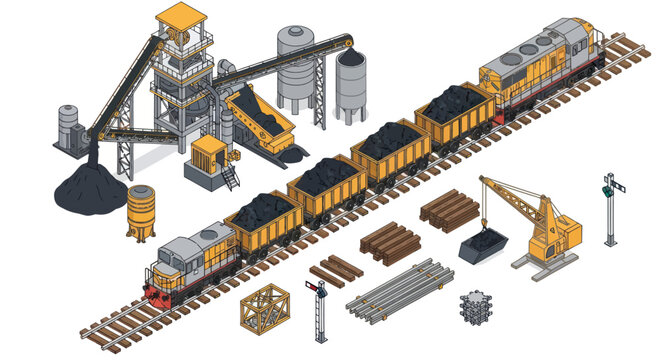 Industrial train and construction site isometric illustration.