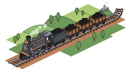 Vintage steam locomotive pulling coal wagons on a railway track. © LafifahFitriyani