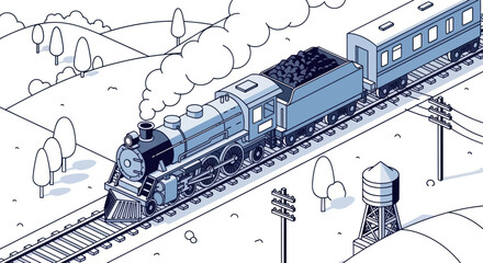 Vintage Steam Locomotive Pulling Passenger Cars on a Scenic Route. © LafifahFitriyani