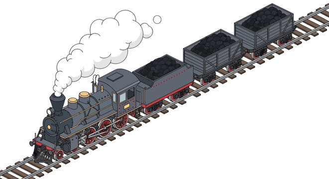 Vintage Steam Locomotive Pulling Coal Cars on Railroad Tracks.