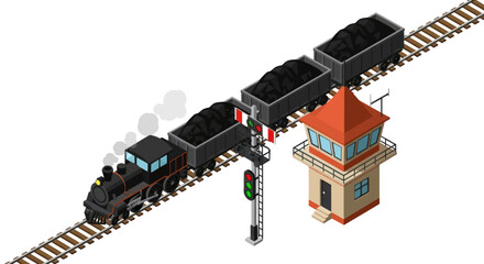 Vintage Steam Train Hauling Coal with Signal Tower. © LafifahFitriyani