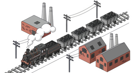 Vintage steam train transporting coal from industrial factory to buildings. © LafifahFitriyani