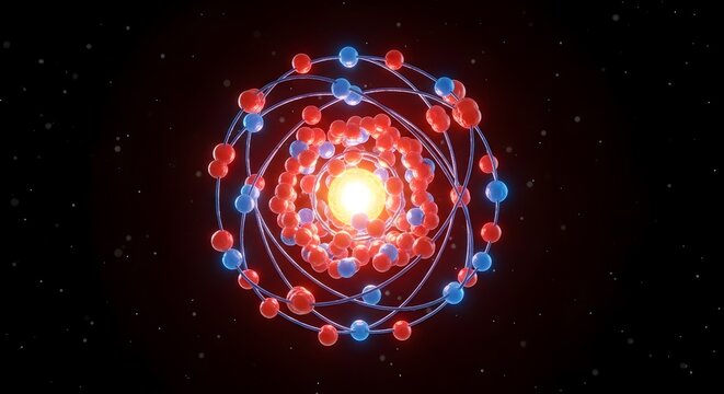 Vibrant atomic structure model with electrons orbiting nucleus.