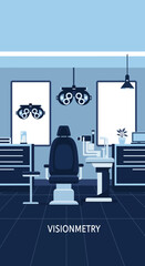 Fototapeta premium Modern Optometry Clinic Illustration: Visual Examination Room Featuring Medical Equipment and