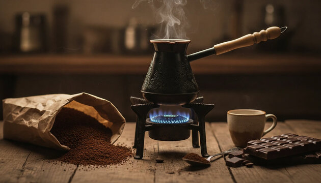 Freshly brewed coffee in ibrik with steam and chocolate on a wooden table.