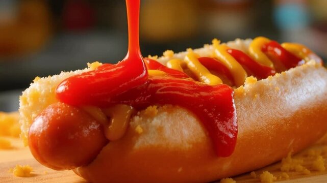 video cinematic macro footage of mustard and ketchup being poured slowly onto a hotdog sausage