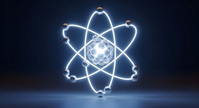 Glowing atom model with electrons orbiting nucleus.