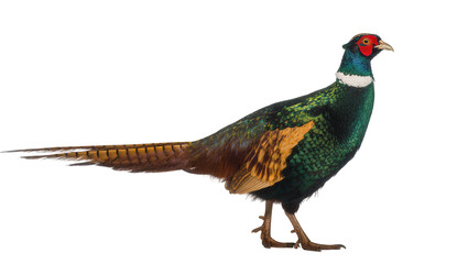Fototapeta premium Isolated vibrant green and brown common pheasant, beautiful wild male bird in profile
