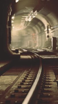 A set of train tracks runs through a dark underground tunnel. The walls are made of rough stone. The space is narrow with faint lights in the distance.