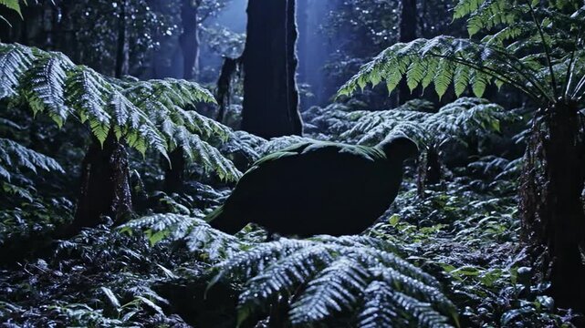 Kakapo Parrot Wandering Through Ferns in Moonlight