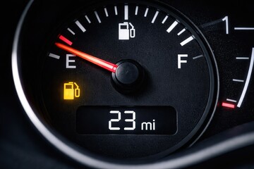 Close-up of a Vehicle's Fuel Gauge Displaying Low Fuel Level with Distance to Empty Reading of 23 Miles, Highlighting the Need for Refueling Soon.