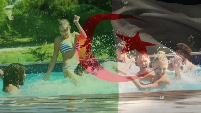 Animation of flag of algieria over happy caucasian friends having fun at swimming pool