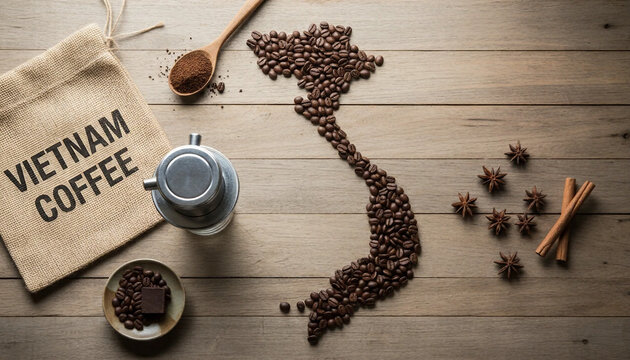 Top view of coffee preparation with traditional metal filter and cinnamon