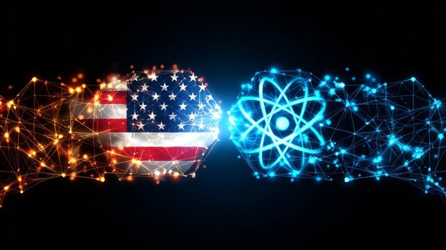 Atomic symbolism: fraught relations between countries. Ai dataflow. Atomic symbol amid us and iran tensions: a conflict overview. Tech innovation. Ai framework.