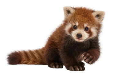 Isolated adorable fluffy baby red panda walking forward with curious expression © Pablo